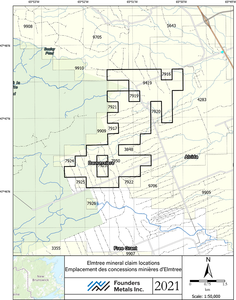 Figure 1 - Map of Founders Metals' Elmtree Gold Project Claims in northeastern New Brunswick